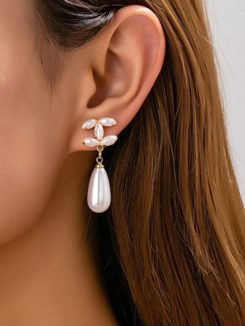 White Pearl Teardrop Drop Earrings Gold Plated
